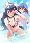  2girls ;d absurdres animal_ear_fluff animal_ears animal_hat arm_support bikini black_hair blush cat_hat dual_persona flipped_hair hair_ornament hairclip hat highres hololive long_hair looking_at_viewer multicolored_hair multiple_girls ocean one_eye_closed ookami_mio open_mouth orange_eyes red_hair sidelocks smile streaked_hair swimsuit taiga_(ookami_mio) tail v_over_eye virtual_youtuber wappa wolf_ears wolf_girl wolf_tail younger 