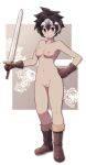  1girl breasts brown_eyes brown_footwear brown_gloves brown_hair closed_mouth contrapposto copyright_request diadem female_pubic_hair full_body gloves hand_on_hip highres holding holding_sword holding_weapon lamb-oic029 looking_at_viewer medium_breasts navel nipples nude pubic_hair pussy short_hair smile solo spiked_hair standing sword weapon 