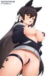  1girl absurdres animal_ears areola_slip areolae ass_visible_through_thighs atago_(azur_lane) azur_lane bandaid bandaid_on_pussy bandaids_on_nipples bangs black_hair bottomless breasts breasts_apart covered_nipples cross_pasties dog_ears ett extra_ears eyebrows_visible_through_hair fanbox_username from_below hair_ribbon hands_on_own_chest highres hood hooded_jacket jacket large_breasts long_hair looking_at_viewer looking_down mole mole_under_eye no_bra open_clothes open_jacket open_mouth partially_unzipped pasties patreon_username paw_print ribbon solo sweat thigh_strap watermark web_address white_ribbon yellow_eyes 