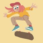  1girl :p blue_eyes brown_pants commentary english_commentary long_sleeves looking_down medium_hair no_lineart original pants pink_hair pink_legwear red_headwear shirt simple_background skateboard skateboarding smile socks solo tongue tongue_out truffleduster yellow_background yellow_shirt 
