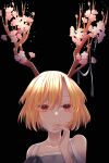  1girl adapted_costume antlers bangs bare_shoulders black_background blonde_hair blue_dress cherry_blossoms closed_mouth collarbone commentary_request dragon_horns dress eyebrows_visible_through_hair flower hair_between_eyes hand_in_hair hand_up highres horn_flower horns kicchou_yachie looking_ahead looking_away pink_flower red_eyes short_hair simple_background sleeveless sleeveless_dress smile solo toraneko_2 touhou upper_body 