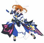  1girl ankle_boots armor armored_dress bangs black_gloves boots bracer brown_hair commentary dress fingerless_gloves gloves hair_ribbon holding holding_staff juliet_sleeves long_dress long_sleeves looking_at_viewer lyrical_nanoha magical_girl mahou_shoujo_lyrical_nanoha_detonation open_mouth puffy_sleeves purple_eyes raising_heart ribbon short_hair short_twintails simple_background smile solo staff standing takamachi_nanoha twintails white_background white_dress white_footwear white_ribbon yorousa_(yoroiusagi) 