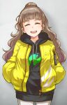  1girl bangs black_hoodie blunt_bangs brown_hair closed_eyes cowboy_shot facing_viewer hair_bun hands_in_pockets highres hood hood_down hoodie idolmaster idolmaster_cinderella_girls jacket kamiya_nao long_hair open_clothes open_jacket open_mouth pants satomura_kyou smile solo thick_eyebrows upper_teeth wavy_hair white_pants yellow_jacket 