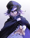  1boy absurdres bangs black_cape black_hair bojue_(hakus_1128) buttons cape checkered checkered_scarf danganronpa_(series) danganronpa_v3:_killing_harmony double-breasted gradient gradient_background grey_background hair_between_eyes hand_up hat highres jacket long_sleeves looking_at_viewer male_focus ouma_kokichi peaked_cap purple_eyes purple_hair scarf short_hair simple_background solo straitjacket upper_body 