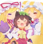  3girls :3 :d ;) animal_ears bangs blonde_hair blush bow brown_hair cat_ears cat_tail chen choker closed_eyes closed_mouth commentary_request dress elbow_gloves eyebrows_visible_through_hair fang fox_ears fox_tail frills gloves gold_trim green_headwear hair_bow hair_ribbon happy hat hat_ribbon heart highres ibaraki_natou long_hair long_sleeves mob_cap multiple_girls multiple_tails nekomata no_lineart one_eye_closed open_mouth parted_lips pillow_hat puffy_short_sleeves puffy_sleeves purple_dress purple_eyes red_bow red_choker red_dress red_eyes red_ribbon ribbon ribbon_choker short_hair short_sleeves signature simple_background smile tabard tail touhou tress_ribbon two_tails upper_body very_long_hair white_background white_dress white_headwear wide_sleeves yakumo_ran yakumo_yukari yellow_bow yellow_neckwear 