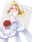 1girl bare_shoulders blonde_hair blush bouquet breasts bridal_veil bride cleavage collarbone dress fate_testarossa flower highres large_breasts long_hair lyrical_nanoha mahou_shoujo_lyrical_nanoha_strikers open_mouth red_eyes shiny shiny_hair simple_background smile solo sougetsu_izuki two-tone_background veil wedding_dress white_background 