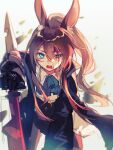  1girl amiya_(arknights) amiya_(guard)_(arknights) animal_ears arknights bangs blood blue_eyes brown_hair bunny_ears cravat eyebrows_visible_through_hair highres jacket long_hair long_sleeves open_mouth ponytail solo sword weapon yunweishukuang 