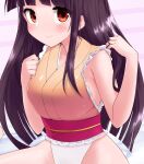  1girl bangs bare_shoulders belt black_hair blue_background breasts brown_eyes closed_mouth eyes_visible_through_hair gradient gradient_background hands_up harry_(namayake) highleg highres houraisan_kaguya leotard long_hair looking_at_viewer medium_breasts multicolored multicolored_background no_panties pink_background pink_belt seiza sitting sleeveless smile solo striped striped_background thighs touhou touhou_tag_dream wariza wrestling_outfit 