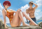  1boy 1girl abs adjusting_hair ass bangs beach bird blue_eyes breasts cleavage feet hand_on_own_knee knees_up leaning_back legs lips looking_at_viewer male_swimwear mountain muscular muscular_male orange_swimsuit original parted_lips red_hair red_lips sciamano240 seagull short_hair sitting skin_tight smile stitched_arm stitched_face stitched_leg stitched_neck stitches summer swim_trunks swimsuit thick_thighs thighs toes topless 