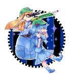  adapted_costume blue_footwear blue_hair blue_shirt blue_skirt boots domino_mask gears green_headwear gun inkling kawashiro_nitori mask nakukoroni one_eye_closed orange_hair rifle rubber_boots shirt skirt smile sniper sniper_rifle sniper_scope sparkle splatoon_(series) touhou two-tone_background weapon 