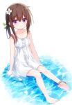  1girl anklet bangs bare_arms bare_shoulders barefoot blush brown_hair closed_mouth collarbone dress eyebrows_visible_through_hair flower full_body hair_between_eyes hair_flower hair_ornament hairclip jewelry long_hair original purple_eyes shallow_water shiho_(yuuhagi_(amaretto-no-natsu)) sitting sleeveless sleeveless_dress soles solo strap_slip water wavy_mouth white_background white_dress white_flower yuuhagi_(amaretto-no-natsu) 