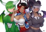  3girls ahoge bangs black_nails blush bow bowtie breasts cellphone collarbone commentary commission covered_nipples cowboy_shot dark-skinned_female dark_skin demon_girl demon_horns demon_wings drop_shadow earrings eyebrows_visible_through_hair freckles gaothun gradient gradient_background green_hair green_skirt green_wings grey_hair grey_shirt hair_ornament hair_over_eyes heart_ahoge horns jewelry large_breasts long_hair looking_at_viewer multiple_girls nail_polish navel open_mouth original phone pink_eyes pleated_skirt ponytail red_bow red_hair sailor_collar selfie shirt short_hair skirt skull_hair_ornament smartphone smile v w wings 