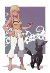  1girl :d blonde_hair breasts bright_pupils cleavage commentary cropped_shirt english_commentary fingernails gen_2_pokemon hand_on_hip high_heels highres holding holding_poke_ball lamb-oic029 long_hair looking_at_viewer midriff nail_polish navel one-piece_tan open_mouth original pants poke_ball poke_ball_(basic) pokemon pokemon_(creature) red_eyes red_nails shirt sleeveless sleeveless_shirt smile standing strap_slip tan tanlines umbreon white_pants white_pupils yellow_footwear 