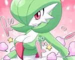  between_breasts breasts cleavage cropped gardevoir gen_3_pokemon jpeg_artifacts looking_to_the_side lowres medium_breasts one_eye_covered pink_background pokemon red_eyes smile sound_effects star_(symbol) steam third-party_edit upper_body 
