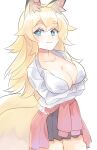  +_+ 1girl :3 alternate_costume animal_ear_fluff animal_ears bangs black_skirt blonde_hair blue_eyes blush breasts cleavage closed_mouth clothes_around_waist collarbone commentary_request cowboy_shot crossed_arms eyebrows_visible_through_hair fox_ears fox_girl fox_tail green_pupils happy highres inaho_(world_flipper) jpeg_artifacts komuro_takahiro large_breasts light_blush long_hair long_sleeves looking_at_viewer miniskirt multiple_tails no_bra pleated_skirt red_sweater school_uniform shirt sidelocks simple_background sketch skirt smile solo standing sweater sweater_around_waist tail two_tails white_background white_shirt world_flipper 