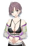  1girl :o ahoge asakura_tooru bangs bare_shoulders between_breasts black_bra blue_hair blush bra braid breasts cleavage collarbone gradient_hair groin hands_together head_tilt highres idolmaster idolmaster_shiny_colors interlocked_fingers jacket looking_at_viewer medium_breasts multicolored_hair o-ring off_shoulder open_clothes open_jacket parted_bangs print_shorts purple_hair revision see-through see-through_jacket short_hair shorts simple_background solo strap_between_breasts sweatdrop tennen_inari underwear upper_body white_background 