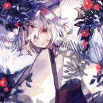  1girl animal_ear_fluff animal_ears bangs branch flower hand_up highres inubashiri_momiji japanese_clothes kimono looking_at_viewer pom_pom_(clothes) red_eyes shi_chimi short_hair sleeves_past_fingers sleeves_past_wrists touhou upper_body white_hair white_kimono wide_sleeves wolf_ears 