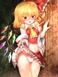  1girl bangs bare_shoulders blonde_hair blush bow bow_panties breasts bush collar cosplay crystal detached_sleeves eyebrows_visible_through_hair eyes_visible_through_hair flandre_scarlet hair_between_eyes hair_bow hair_tubes hakurei_reimu hakurei_reimu_(cosplay) hands_up highres japanese_clothes light long_sleeves looking_at_viewer marukyuu_ameya miko miniskirt multicolored multicolored_wings open_mouth panties ponytail red_bow red_eyes red_nails red_skirt red_vest shadow short_hair skirt small_breasts smile solo standing stomach touhou underwear vest wall white_collar white_panties white_sleeves wings yellow_neckwear 