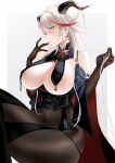  1girl absurdly_long_hair absurdres aegir_(azur_lane) areola_slip areolae azur_lane bare_shoulders black_cape black_gloves black_legwear bodystocking breast_curtains breasts breasts_outside cape cl_(summer_sama) covered_navel cross cross_earrings crossed_legs demon_horns earrings from_side gloves grey_background highres horns huge_breasts impossible_clothes iron_cross jewelry long_hair multicolored_hair red_hair saliva saliva_trail simple_background solo streaked_hair two-tone_hair very_long_hair white_hair yellow_eyes 
