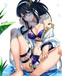  1girl aona_(anagasaki) bangs bare_shoulders bikini black_hair blue_bikini blue_eyes breasts cleavage collarbone earrings glasses granblue_fantasy hairband highres illnott jacket jewelry large_breasts long_hair long_sleeves looking_at_viewer navel off_shoulder open_clothes open_jacket see-through see-through_jacket sheer_clothes smile solo swimsuit 