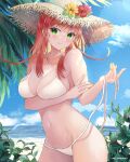  1girl arm_under_breasts bare_shoulders beach bikini blue_sky breast_hold breasts cleavage contrapposto day fujimori_shiki green_eyes groin hat highres large_breasts looking_at_viewer melonbooks multi-strapped_bikini navel ocean orange_hair outdoors palm_tree sand sky solo straw_hat swimsuit tree white_bikini 