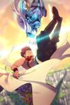  1boy 1girl armor blurry depth_of_field echo_(circa) emiya_shirou english_text fairy_knight_lancelot_(fate) falling fate/grand_order fate_(series) floral_print flying full_body holding limited/zero_over looking_at_another midair red_hair sengo_muramasa_(fate) sunlight tassel visor white_hair wristband yellow_eyes 