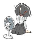 1girl barefoot black_skirt breasts brown_hair cable capelet covered_face electric_fan fan full_body hat highres long_skirt medium_breasts necktie peroponesosu. red_neckwear seiza shirt simple_background sitting skirt solo touhou usami_renko white_background white_shirt wind 