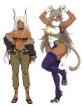  2girls abs airisubaka animal_ear_fluff animal_ears armpits artist_name bare_arms bare_shoulders boku_no_hero_academia breasts bunny_ears cat_ears cat_girl cat_tail collarbone commentary cosplay costume_switch dark-skinned_female dark_skin eyepatch eyes_visible_through_hair full_body fur_trim ghislaine_dedoldia ghislaine_dedoldia_(cosplay) gloves grey_hair highres large_breasts leotard long_hair looking_at_viewer mirko mirko_(cosplay) multiple_girls muscular muscular_female mushoku_tensei navel red_eyes signature simple_background standing standing_on_one_leg symbol_commentary tail tail_ornament tail_ring trait_connection very_long_hair white_background white_gloves white_hair 