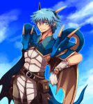  1boy bangs belt blue_hair blue_sky brown_belt brown_cape brown_pants cape character_request closed_mouth cloud commentary_request cowboy_shot creator_(ragnarok_online) crossover dragon dragon_chronicle dragon_tail emon-yu gloves green_eyes hair_between_eyes horns living_clothes looking_at_viewer pants pouch ragnarok_online shirt short_hair sky sleeveless sleeveless_shirt smile solo tail white_gloves white_shirt 