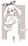  1girl 1other blush border bow breasts brown_background brown_theme completely_nude cropped_legs female_pubic_hair grabbing grabbing_from_behind hair_bow highres lamb-oic029 may_(pokemon) medium_breasts medium_hair monochrome nipple_tweak nipples nude pokemon pubic_hair pussy pussy_juice sidelocks smile standing sweat white_border 
