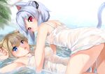  2girls :o all_fours animal_ears ass bangs bare_arms bare_shoulders black_ribbon blue_eyes blurry blurry_background blush braid breasts brown_hair cat_ears cat_girl cat_tail commentary_request depth_of_field dress eyebrows_visible_through_hair girl_on_top hair_between_eyes hair_ribbon highres lying medium_breasts multiple_girls on_back original panties parted_lips red_eyes ribbon see-through shallow_water silver_hair sleeveless sleeveless_dress sora_(silent_square) tail underwear water wavy_mouth wet wet_clothes wet_dress white_panties 