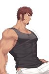  1boy 47 arm_support bangs bare_arms blue_eyes brown_hair brown_shirt closed_mouth collarbone commentary facial_hair fate/grand_order fate_(series) fingernails hand_on_hip highres looking_to_the_side male_focus muscular muscular_male napoleon_bonaparte_(fate) number pants shirt short_hair sideburns simple_background sleeveless sleeveless_shirt smile solo tank_top veins white_background white_pants 