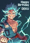  1boy artist_name bangs belt blue_eyes bodysuit boku_no_hero_academia character_name clenched_hands clenched_teeth collarbone commentary elbow_gloves electricity freckles gloves gradient gradient_background green_background green_bodysuit green_hair happy_birthday looking_at_viewer male_focus midoriya_izuku modo_(modo_s2) red_belt short_hair single_glove solo teeth torn_bodysuit torn_clothes white_gloves 