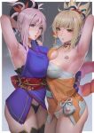  2girls arm_tattoo armpits bandaged_arm bandages bangs bare_shoulders blonde_hair blue_eyes blue_kimono blush breasts chest_tattoo choker cleavage collarbone detached_sleeves fate/grand_order fate_(series) flower_tattoo genshin_impact hair_ornament japanese_clothes kimono large_breasts long_hair long_sleeves looking_at_viewer miyamoto_musashi_(fate) multiple_girls obi orange_kimono pink_hair ponytail sash short_kimono sleeveless sleeveless_kimono swept_bangs tattoo thighhighs thighs unfairr wide_sleeves yellow_eyes yoimiya_(genshin_impact) 