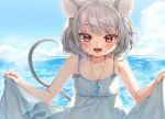  1girl :d adapted_costume animal_ears ari_don bad_perspective bangs bare_shoulders blurry blurry_background blush cloud cloudy_sky collarbone commentary_request day depth_of_field dress eyebrows_visible_through_hair flat_chest grey_dress grey_hair horizon jewelry looking_at_viewer mouse_ears mouse_tail nazrin open_mouth outdoors pendant red_eyes short_hair skirt_hold sky smile solo spaghetti_strap swept_bangs tail touhou upper_body water 