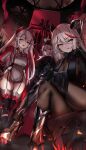  3girls absurdres aegir_(azur_lane) antenna_hair azur_lane bangs banner black_footwear bodystocking boots breasts cleavage crossed_bangs earrings eyebrows_visible_through_hair garter_straps graf_zeppelin_(azur_lane) hair_ornament hat highres huge_filesize iron_blood_(emblem) iron_cross jewelry kyle_(kysizzle) large_breasts licking_lips looking_at_viewer mole mole_on_breast multicolored_hair multiple_girls open_mouth peaked_cap prinz_eugen_(azur_lane) red_hair streaked_hair thighhighs thighs tongue tongue_out twintails white_hair yellow_eyes 