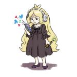 1girl ahoge arrow_(symbol) black_dress black_eyes black_footwear black_ribbon blonde_hair cellphone diana_cavendish dress english_commentary favorite_(meme) headphones highres holding holding_phone little_witch_academia long_hair looking_at_screen meme neck_ribbon phone retweet_(meme) ribbon simple_background solo standing truffleduster twitter_logo very_long_hair white_background 