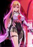  1girl absurdres alternate_eye_color asuna_(sao) bangs blonde_hair blurry blurry_background bodysuit braid breasts cape commentary_request corruption covered_navel cowboy_shot dark_persona elbow_gloves energy gloves hair_ornament highres holding holding_sword holding_weapon impossible_clothes large_breasts leotard long_hair long_sleeves looking_at_viewer miyashiro_ryuutarou open_mouth parted_bangs pink_eyes single_leg_pantyhose skin_tight solo sword sword_art_online thigh_strap weapon white_cape white_gloves 