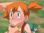 1boy 1girl :&gt;= blush censored commentary_request cum cum_in_mouth day fellatio grass green_eyes green_shorts hair_tie hand_on_another&#039;s_head hetero miraa_(chikurin) misty_(pokemon) mosaic_censoring oral orange_hair outdoors overflow penis pokemon pokemon_(anime) pokemon_(classic_anime) raised_eyebrows shiny shiny_skin shirt shoes short_hair shorts side_ponytail sneakers suspenders sweat tearing_up tied_hair yellow_shirt 