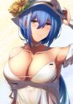  1girl absurdres bare_shoulders bikini blue_hair breasts chest_belt choker cleavage detached_sleeves dp-12_(girls&#039;_frontline) dress flower girls&#039;_frontline grey_eyes hand_on_headwear hat highres ksvk_(girls&#039;_frontline) large_breasts long_hair sunflower sweat swimsuit xlscaler 