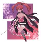  1girl bandaged_leg bandages barefoot black_cape breasts bright_pupils cape commentary english_commentary full_body hair_between_eyes high_ponytail highres holding holding_sword holding_weapon lamb-oic029 leotard medium_breasts navel orange_eyes original pink_leotard rapier red_hair smile solo sword torn_cape torn_clothes weapon white_pupils 