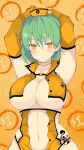  1girl absurdres armpits arms_behind_head arms_up breasts choker cleavage closed_mouth collarbone commentary_request earrings elbow_gloves gloves green_hair hat highres hikage_(senran_kagura) jewelry large_breasts looking_at_viewer medium_hair navel nurse_cap orange_background orange_eyes orange_gloves orange_headwear senran_kagura single_earring solo tattoo tenpesuto upper_body 