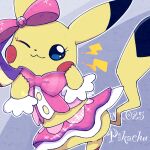  :3 animal_focus blue_eyes blush_stickers bow bowtie character_name closed_mouth clothed_pokemon commentary_request cosplay_pikachu english_text gen_1_pokemon grey_background hair_bow hands_up happy lightning_bolt_symbol looking_at_viewer no_humans number one_eye_closed outline pikachu pikachu_pop_star pink_bow pink_neckwear pink_shirt pink_skirt pokedex_number pokemon pokemon_(creature) ronen shirt showgirl_skirt simple_background skirt smile solo sparkle white_outline 