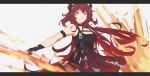  1girl absurdres arknights black_dress demon_girl demon_horns dress fingerless_gloves fire gloves highres horns infection_monitor_(arknights) long_hair looking_at_viewer postalworks purple_eyes red_hair surtr_(arknights) 