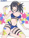  1girl ankle_strap bangs bikini black_hair blue_bikini bodypaint breasts character_name collarbone commentary dotted_line eyewear_removed fishnet_legwear fishnet_top fishnets fleur_de_lis granblue_fantasy grid_background grin headband heart highres holding holding_eyewear illnott ll_0109 looking_at_viewer medium_breasts navel o-ring o-ring_top one_side_up paint sidelocks smile solo star_(symbol) swimsuit teeth 