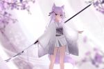  1girl animal_ears blurry depth_of_field fox_ears fox_girl fox_tail gradient_clothes guo582 hair_ribbon hakama highres holding japanese_clothes kimono long_hair long_sleeves looking_at_viewer naginata obi open_clothes original polearm purple_eyes purple_hair ribbon sash short_kimono smile solo standing tail thighs weapon white_hakama white_kimono wide_sleeves 