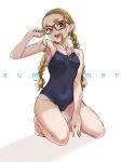  1girl adjusting_eyewear armpits background_text bare_shoulders barefoot blonde_hair blue_eyes blue_swimsuit blush braid commentary_request dekomegane eyebrows full_body glasses highres kneeling long_hair looking_at_viewer one-piece_swimsuit open_mouth original red-framed_eyewear sasetsu short_eyebrows sidelocks simple_background smile solo swimsuit thick_eyebrows twin_braids white_background 