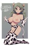  1girl 2021 :&gt; animal_ears animal_print bell border breasts chinese_zodiac closed_mouth collarbone cow_ears cow_girl cow_horns cow_print cow_tail cowbell english_text female_pubic_hair full_body garter_belt green_border green_eyes green_hair happy_new_year highres horns index_finger_raised kneeling lamb-oic029 lingerie long_hair looking_at_viewer navel neck_bell new_year nipples no_shoes nude original outline outside_border pubic_hair simple_background smile solo tail thighhighs underwear v white_outline year_of_the_ox 