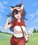  1girl alternate_costume animal_ears belt belt_buckle between_breasts black_hair blue_sky breasts buckle clenched_hands closed_eyes collared_shirt day eyebrows_visible_through_hair fangs gloves golf golf_bag golf_club golf_course grass hair_ornament hairclip highres hololive large_breasts long_hair multicolored_hair ookami_mio pants ponytail red_pants red_shirt running running_towards_viewer shirt short_sleeves single_glove sky solo strap strap_between_breasts streaked_hair sweat tree tugo two-tone_shirt upper_teeth v-shaped_eyebrows very_long_hair virtual_youtuber white_shirt wolf_ears wolf_girl 