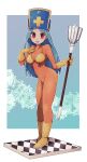  1girl :d bikini bikini_top blue_background blue_hair bodysuit boots border breasts cross-section dragon_quest dragon_quest_iii full_body gloves hand_on_own_chest highres holding holding_weapon lamb-oic029 legs_together long_hair looking_at_viewer mace medium_breasts mitre navel open_mouth orange_bodysuit outside_border priest_(dq3) red_eyes smile solo standing swimsuit weapon white_border yellow_bikini yellow_footwear yellow_gloves 
